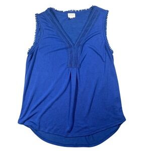 Greige Royal Blue Sleeveless V-Neck Crochet Lace Pom Pom Trim Tank L Beach Boho